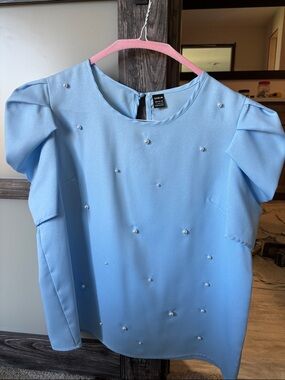 SHEIN Light Blue Pearl-Embellished Puff Sleeve Blouse
